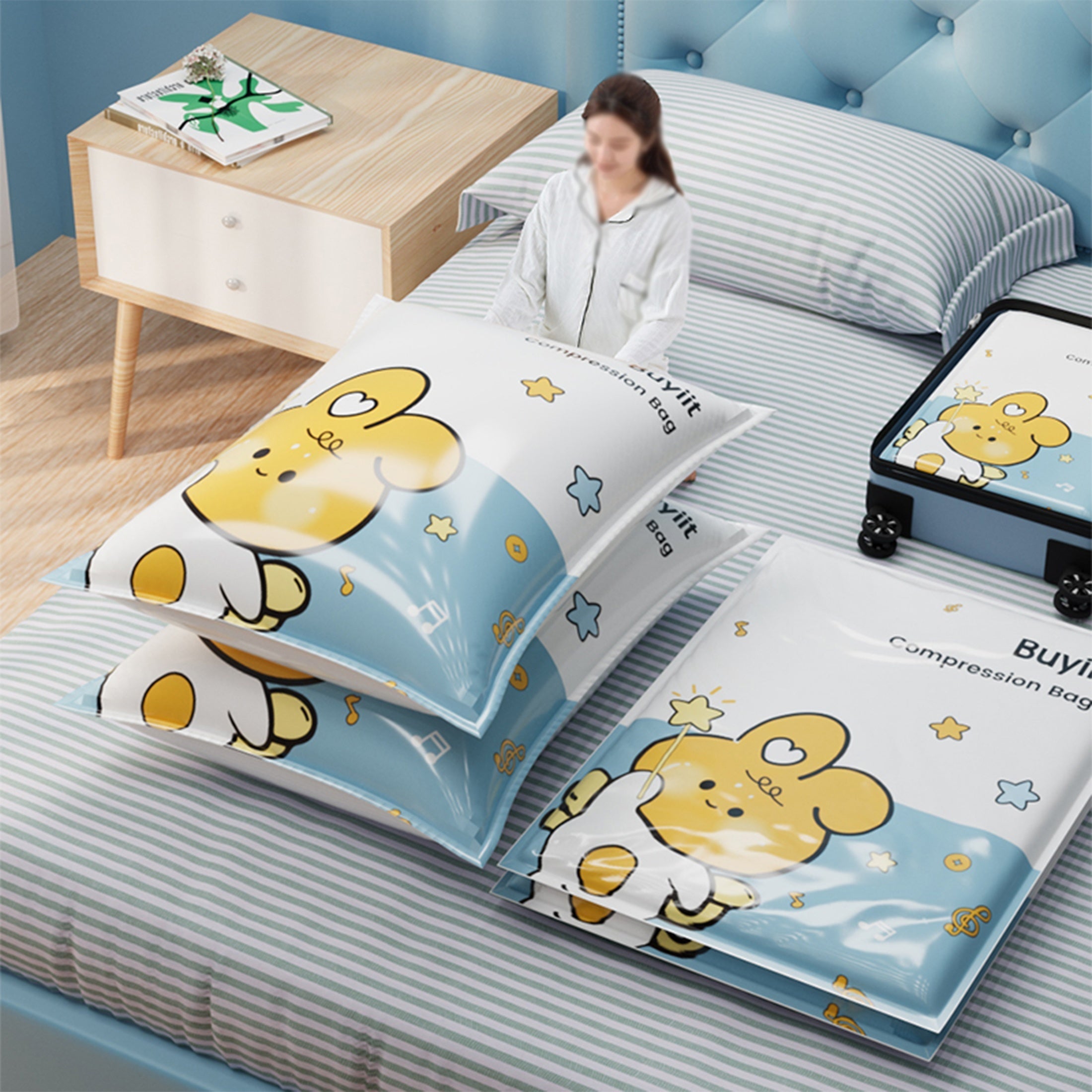 3 ta yurak bargi quyonli vakuum saqlash sumkallari to'plami, yostiq, kiyim, to'shaklar uchun, joyni tejash