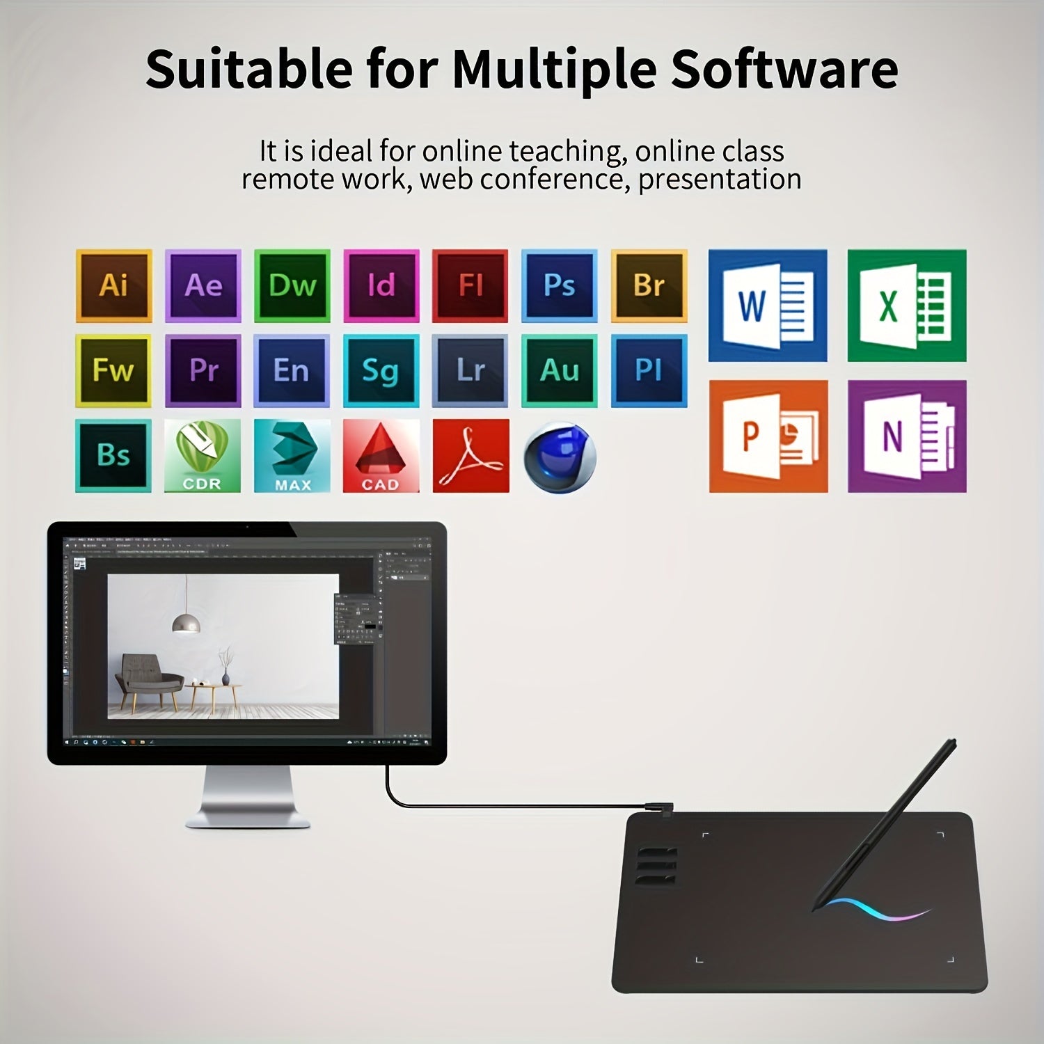 Graphics Drawing Tablet with Pen 16.99x10.69cm Active Area USB Compatible with Android Mac Windows No Battery