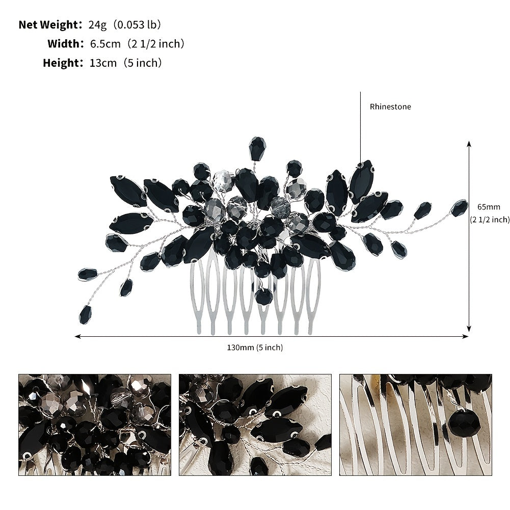 Black Hair Comb with Bridal Crystal Rhinestones and Bead Hair Clip for Weddings