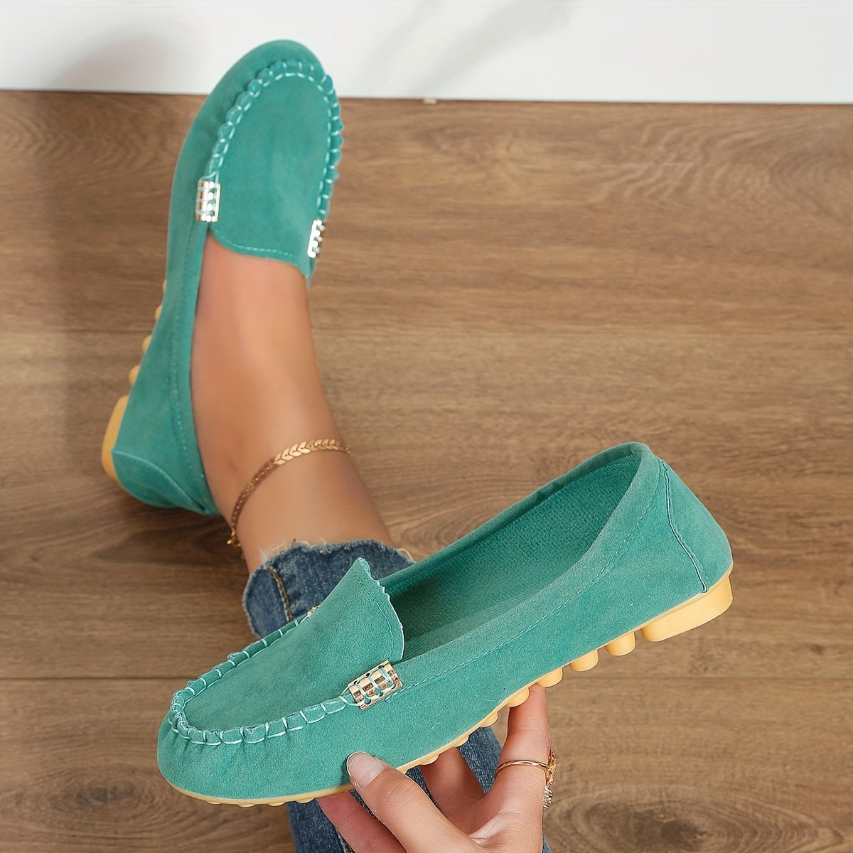 Women's Leather Round Toe Loafers Slip On Shoes Solid Comfort