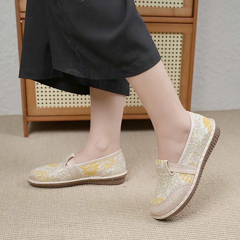 Women's Breathable Canvas Low-Top Shoes with Floral Pattern, Soft Non-Slip Sole