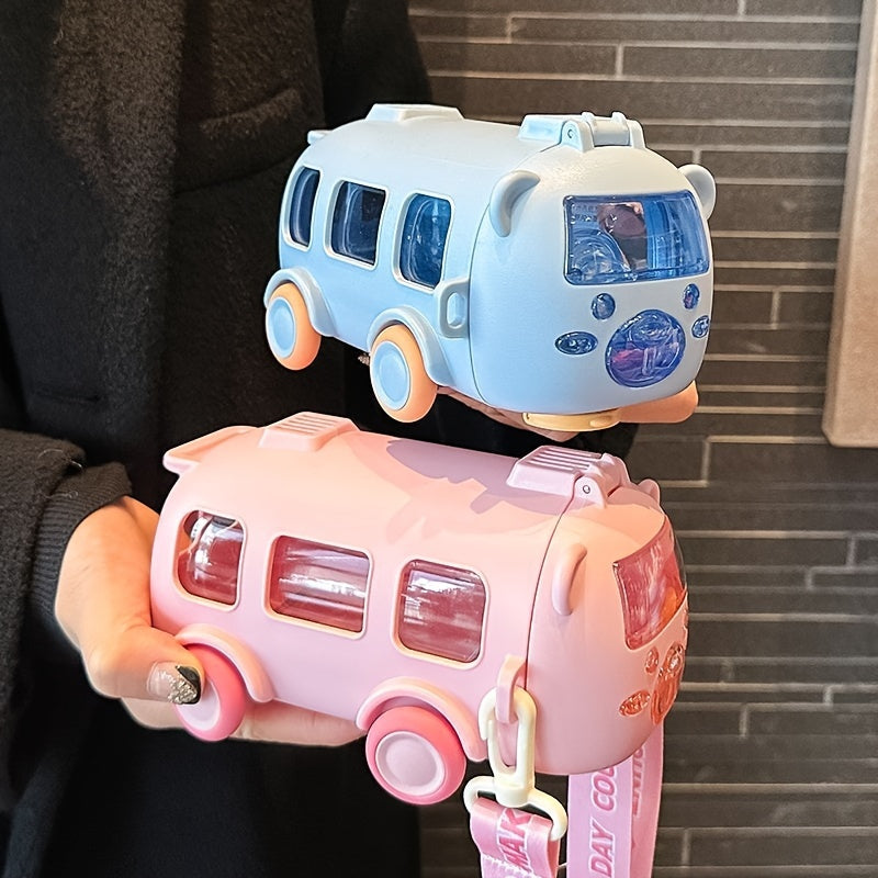 Kids' Plastic Bus-Shaped Water Bottle with Straw for School and Travel