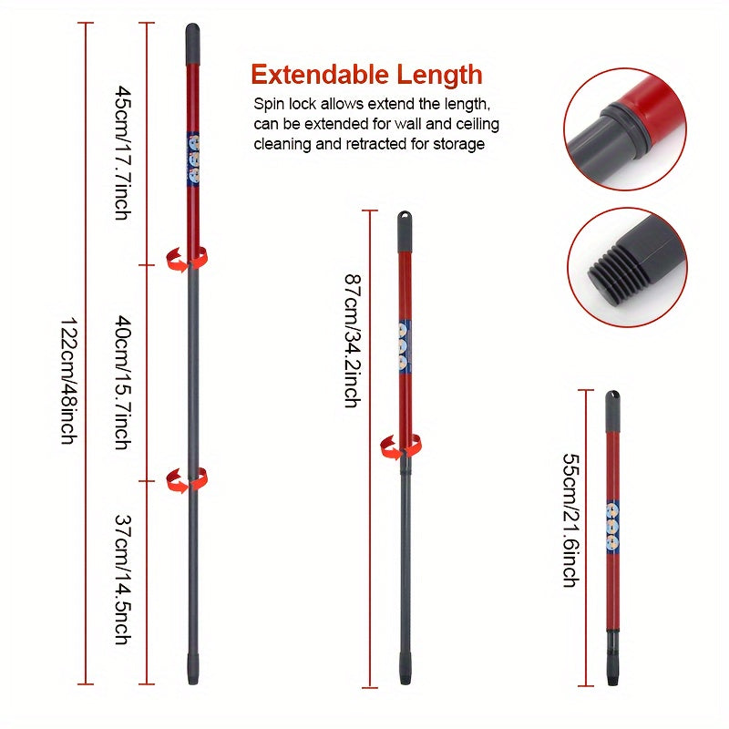 "Ishonchli mustahkamlik va eng yaxshi tozalash qulayligi uchun GHUICAN 3-bo'lakli cho'ziladigan mopa tutqichini oling - Mustahkam temir konstruktsiyasi, 48 dyuymli mop tayoqchasi va zarur tozalash asboblari bilan ta'minlangan."