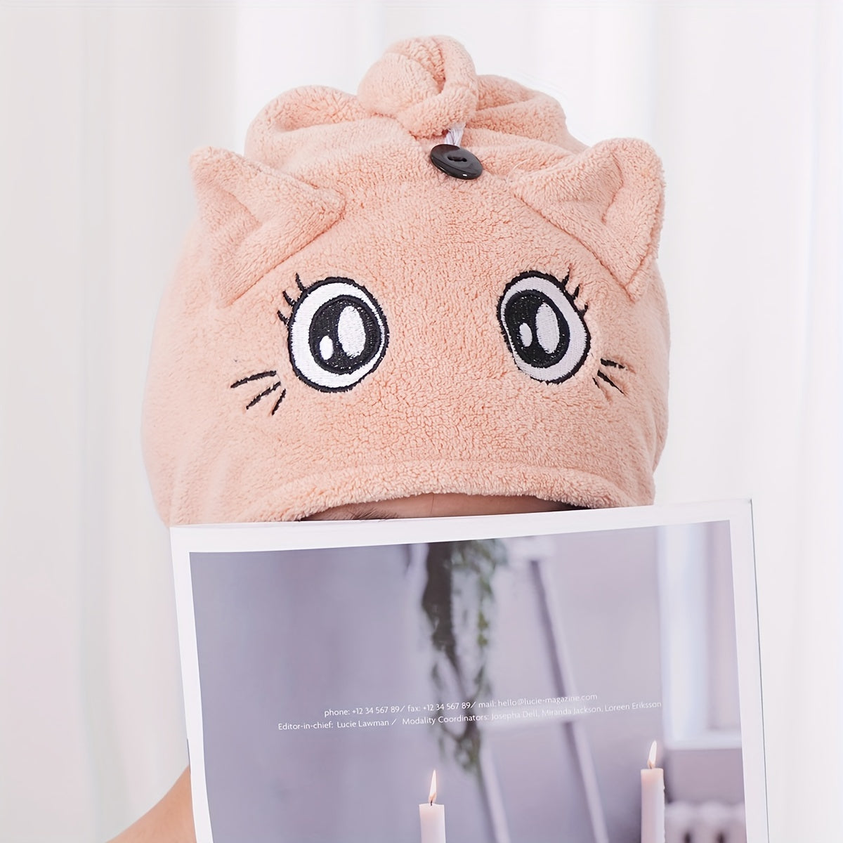 Women's Quick-Dry Hair Towel Wrap with Cute Cat Design Ultra-Soft Coral Fleece