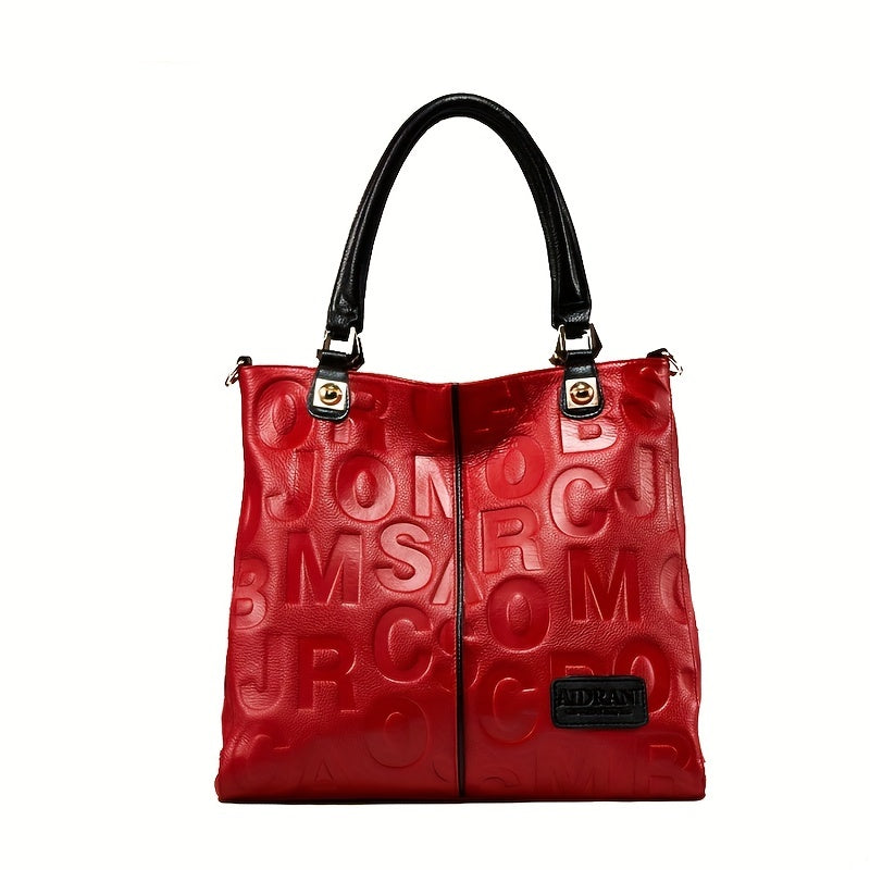 Bolso tote de cuero de vaca rojo para mujer con cierre de cremallera y patrón geométrico forro de poliéster
