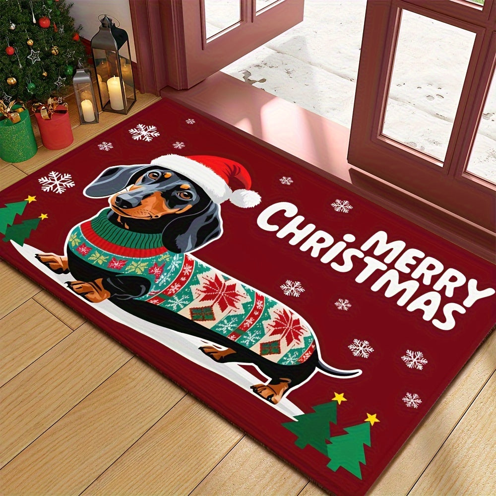 Christmas Dachshund Doormat Non-Slip Polyester Rug with Rubber Backing