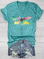 Women's V-Neck Short Sleeve T-Shirt with Vibrant Dragonfly Print Lightweight Casual Top