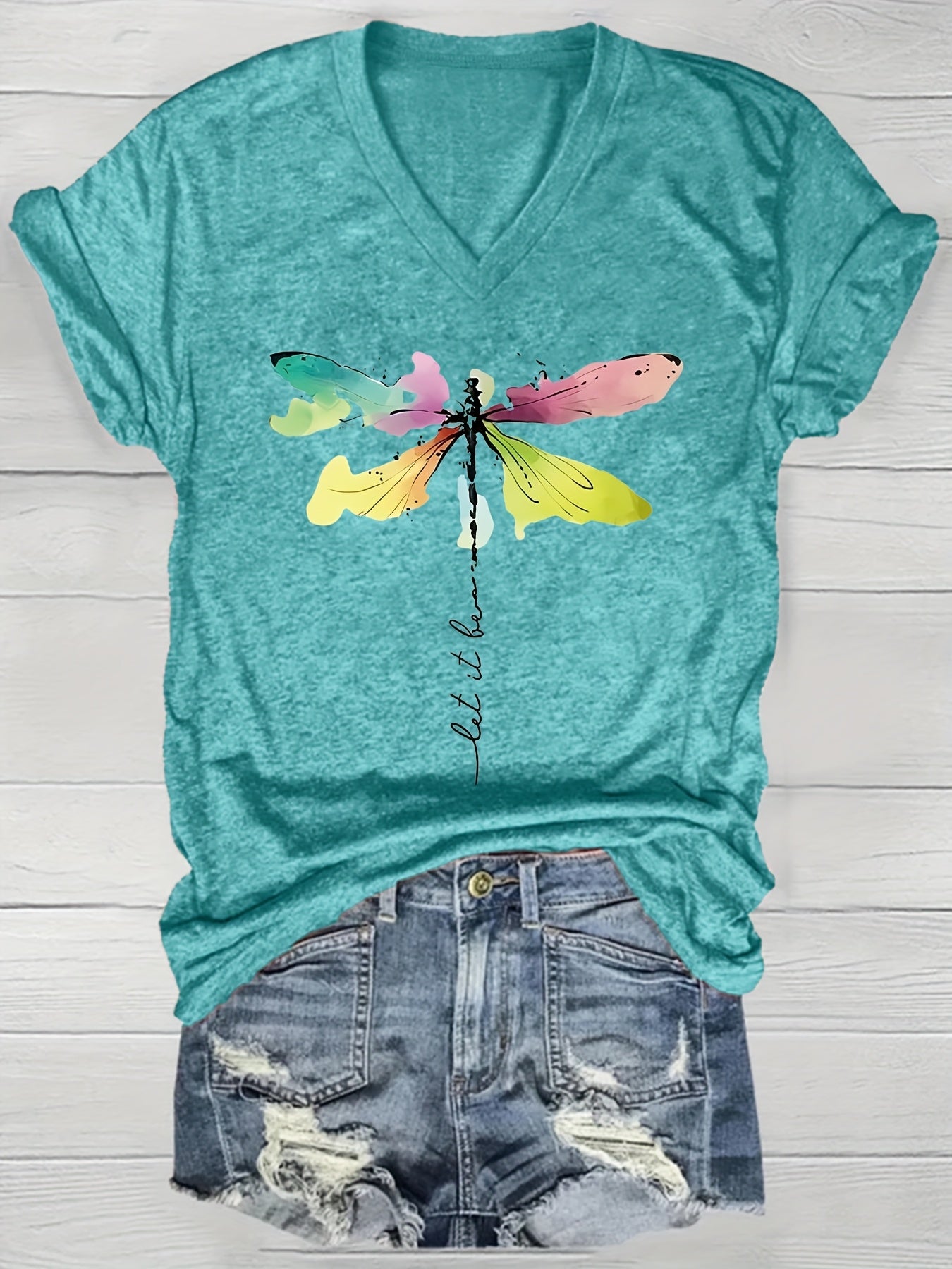 Women's V-Neck Short Sleeve T-Shirt with Vibrant Dragonfly Print Lightweight Casual Top