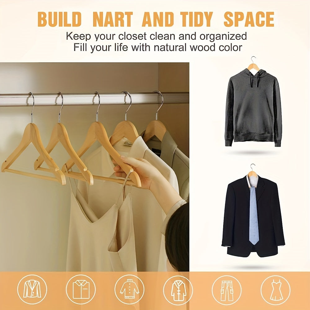 Juego de 10 perchas de madera para abrigos con ganchos giratorios acabado pulido color natural