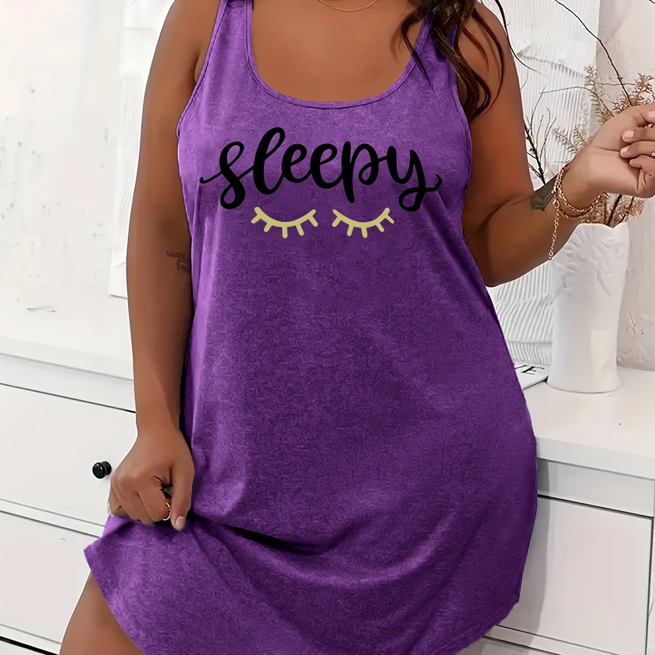 Women's Large Size Casual Pajamas with Letter Print Sleeveless Nightgown