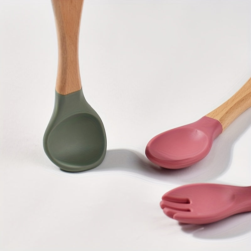 Set de alimentación para bebé, cuenco de silicona con succión, mango de madera y cuchara, libre de BPA