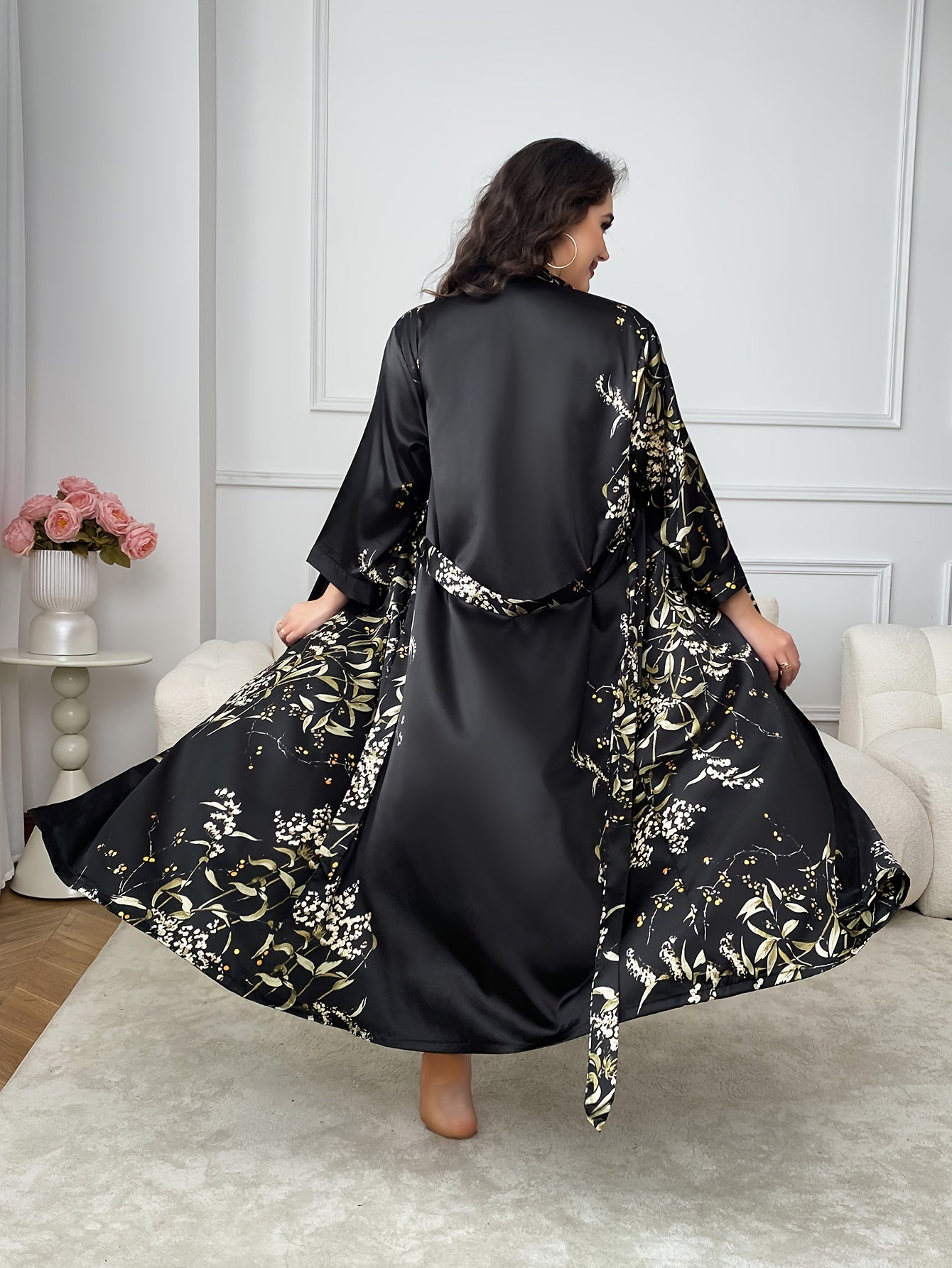 Plus Size Women's Satin Kimono Robe Floral Black and Gold V-Neck Long Sleeve Belt Fall Winter