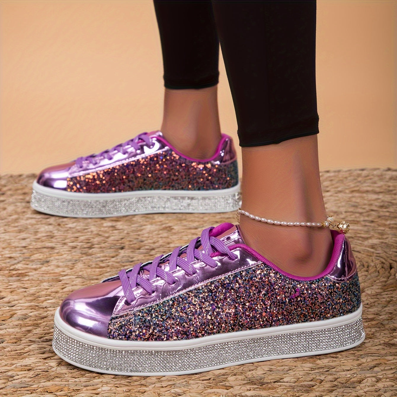 Women's Glitter Skate Shoes Casual Lace-Up Low Top Sneakers