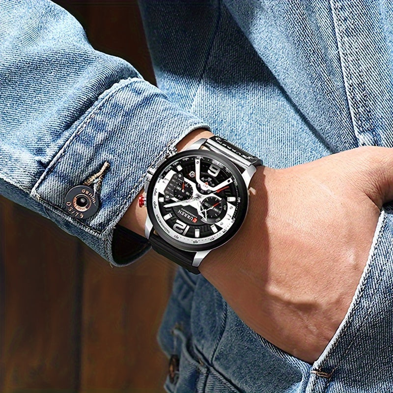 Men's Quartz Watch with Date and Time Display Leather Strap