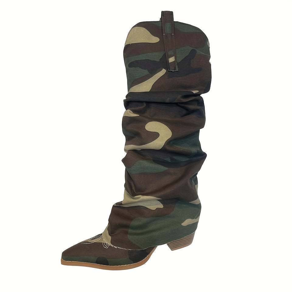 Ayollar uchun Camo print Western chiroqlari kvadrat barmoqli, qalin o'rta poyabzal, tizzaga qadar uzunlikdagi poyabzal