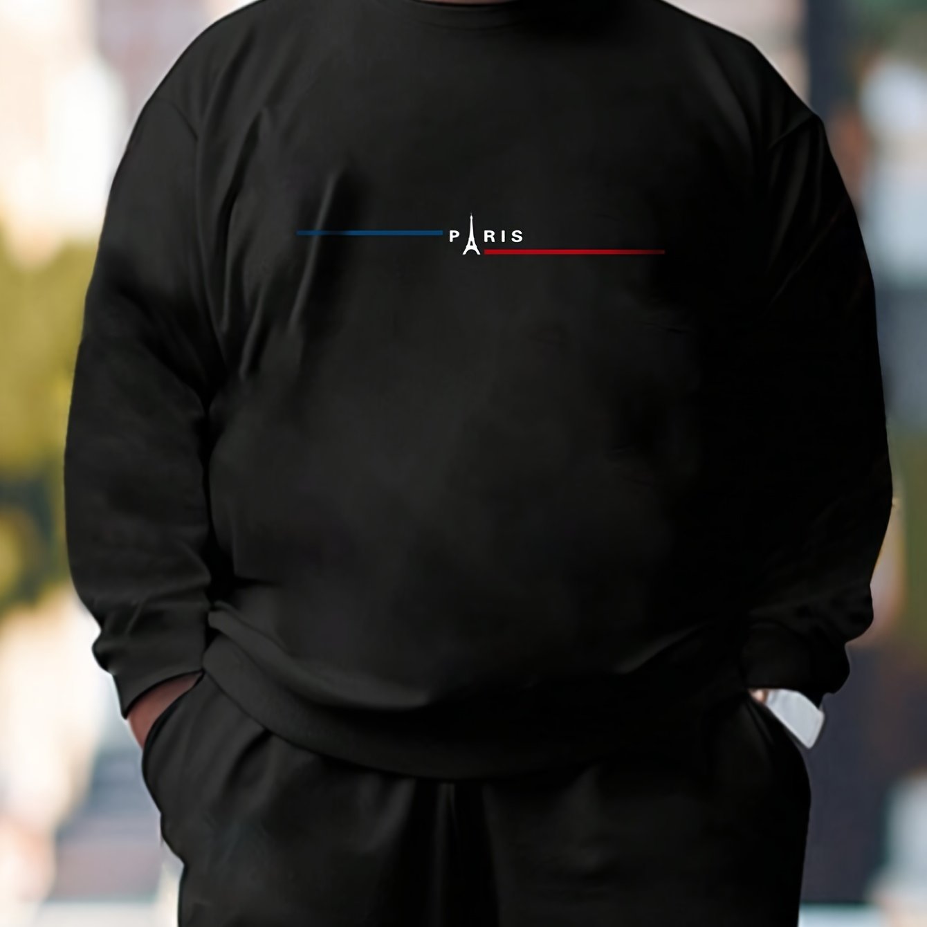 Camiseta de manga larga para hombre de talla grande con inspiración parisina y cuello redondo, con estampado de letras y tela elástica para primavera y otoño