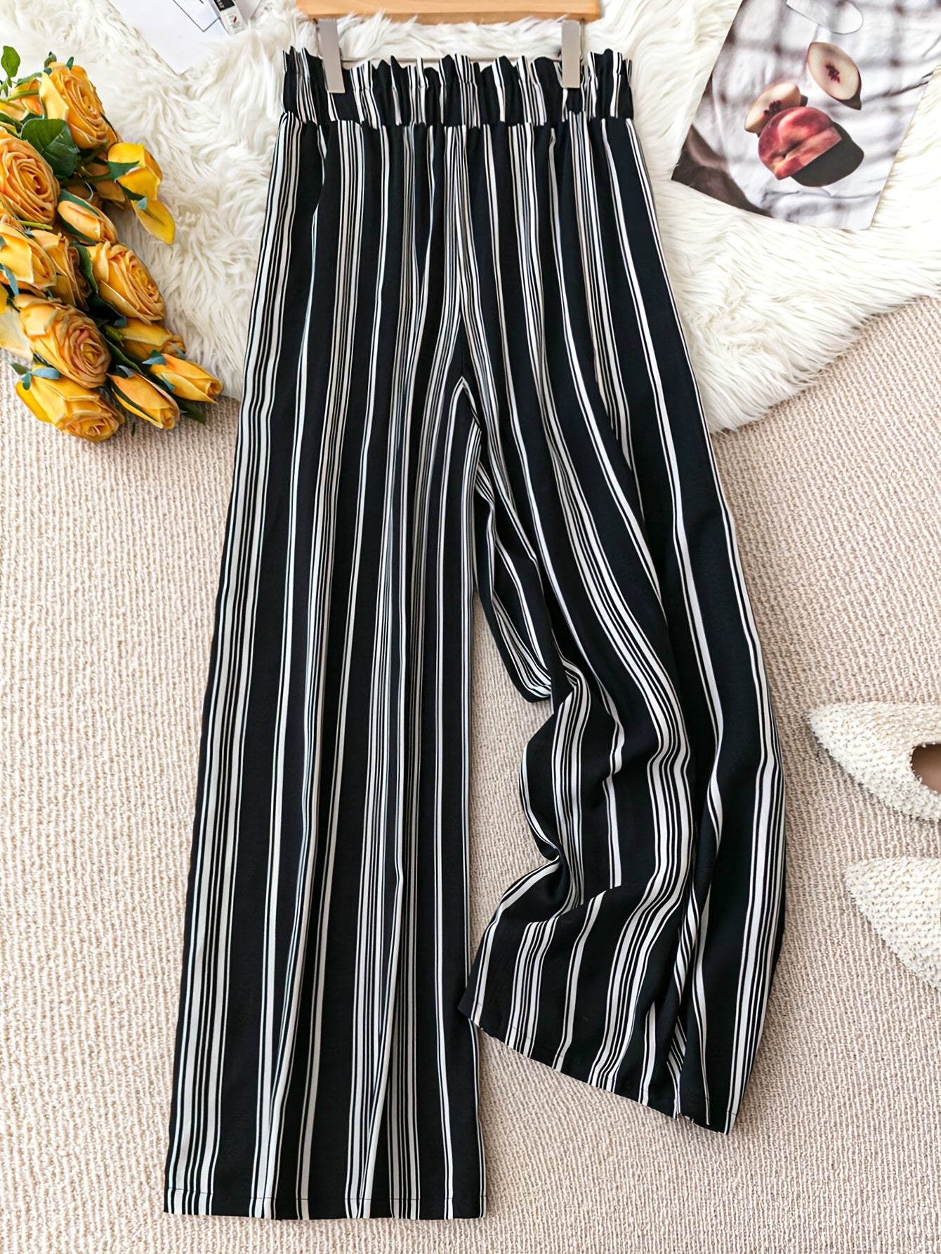 Plus Size Women's Wide Leg Lounge Pants Black White Striped Non-Stretch Adjustable Waist