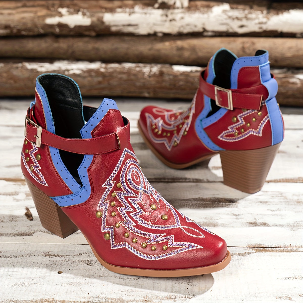 Women's Golden Beads Chunky Heel Ankle Boots with Buckle Strap