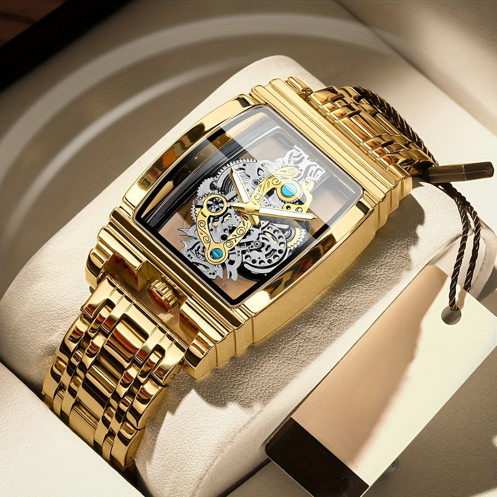 Luxury Men's Quartz Watch with Hollow-Out Stainless Steel Band and Luminous Dial