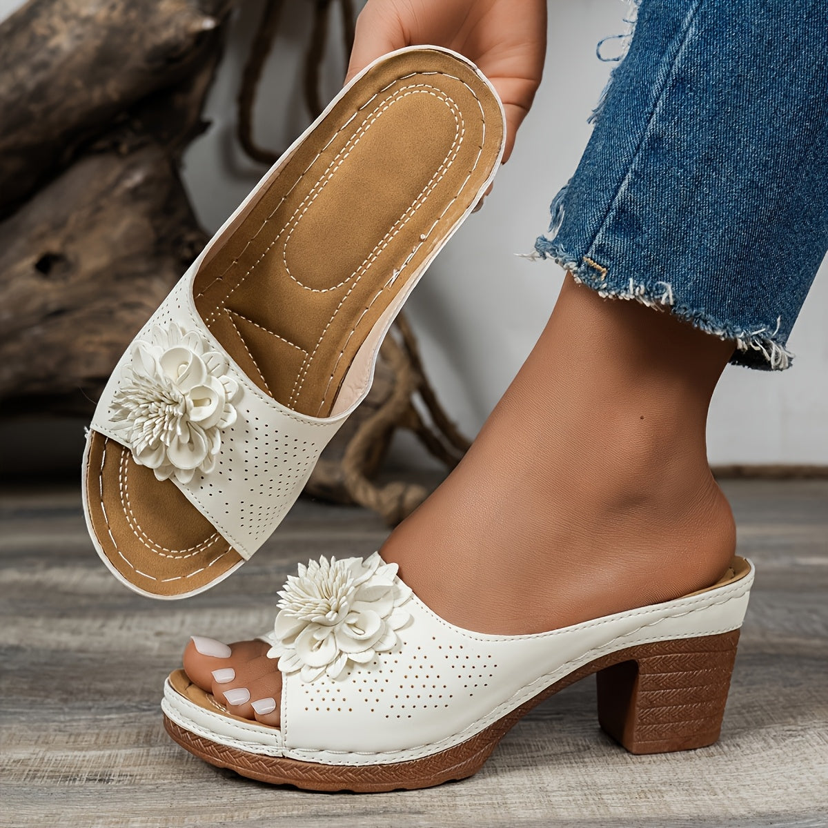 Women's Floral Beige High Heel Sandals with White Flowers for Weddings