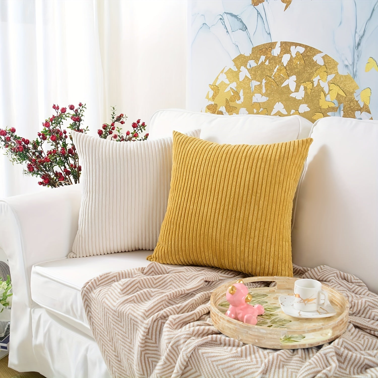 2 Pieces Corduroy Square Cushion Covers Short Plush Home Bedroom Car Living Room Decor