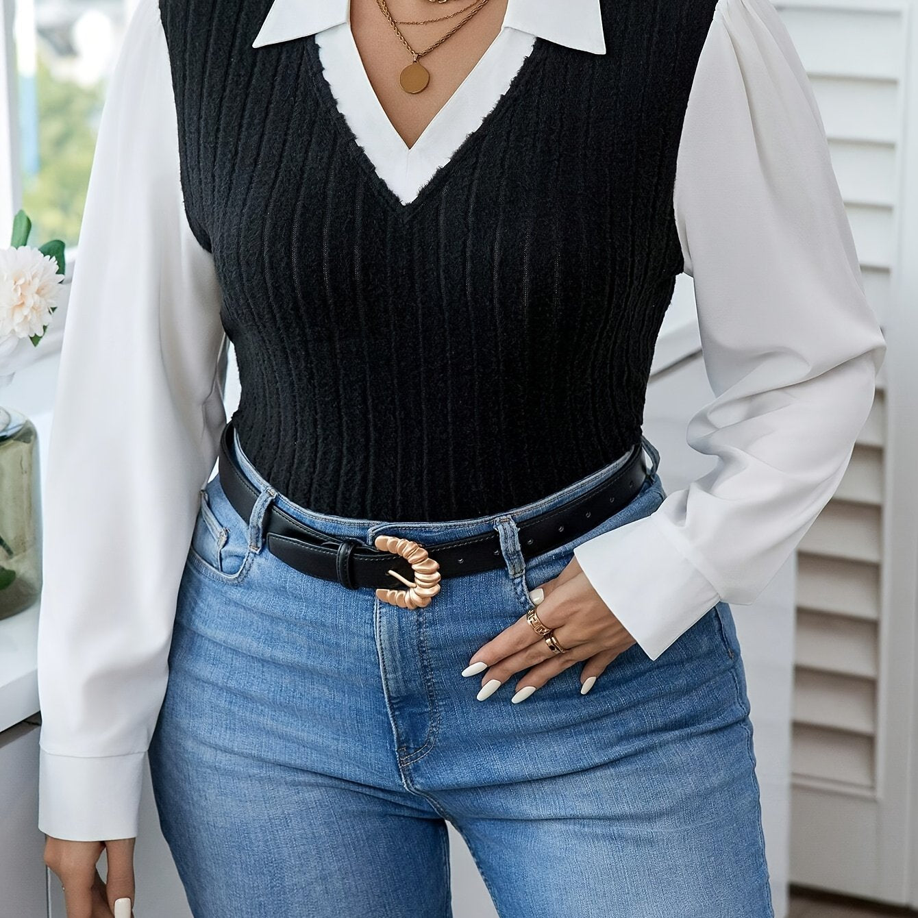 Plus Size Women's Colorblock V-Neck Long Sleeve Blouse Ribbed Knit Semi-Sheer Polyester