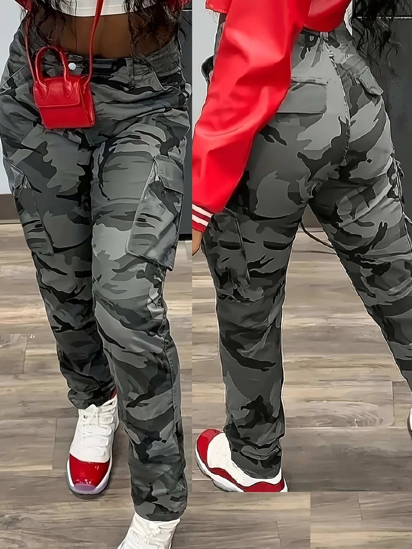 Women's Camo Cargo Jeans High-Rise Street Style Machine Washable