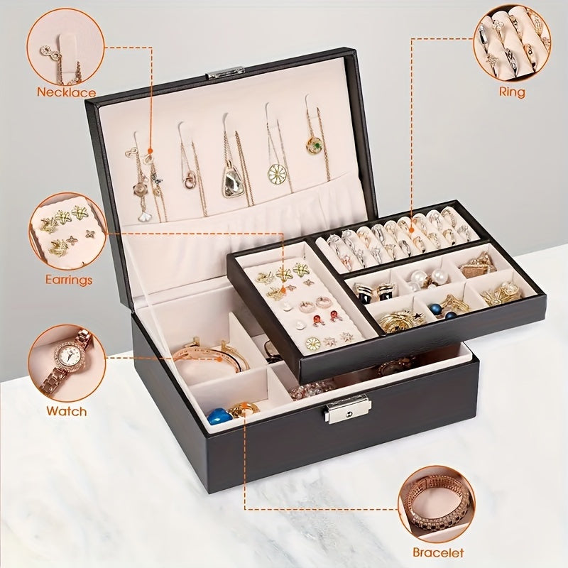 Leather Jewelry Organizer with Removable Tray and Soft Lining for Necklaces Earrings Rings and Watches