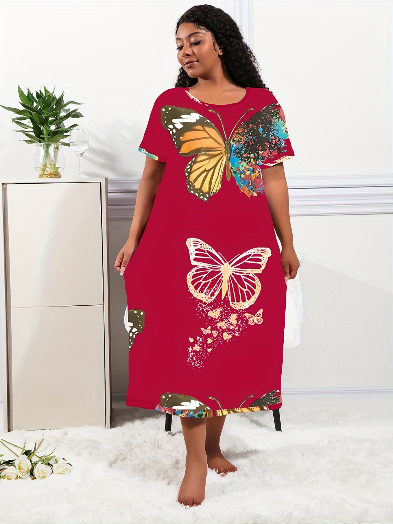Women's Plus Size Lounge Dress Butterfly Print Short Sleeve Nightdress