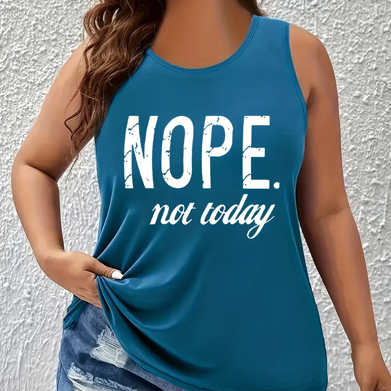 Plus Size Women's Sleeveless Tank Top with Graphic Text in Blue