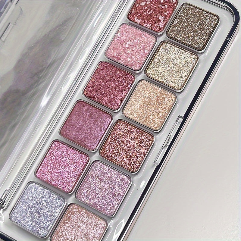 Women Glitter Eyeshadow Palette, 12 Colors, Pink White Red, Makeup Kit