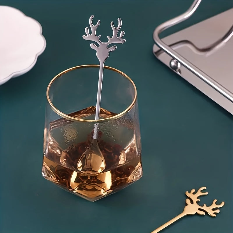 Set of 8 Christmas Deer Head Stainless Steel Coffee Spoons for Tea and Dessert