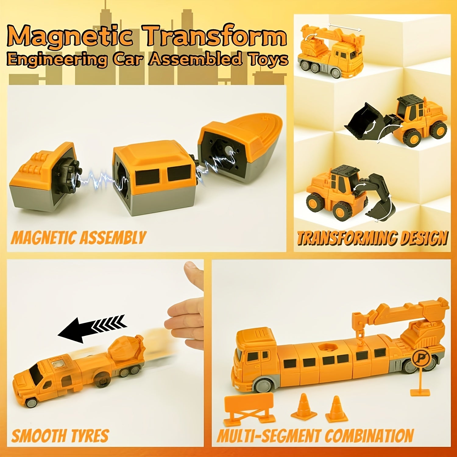 Magnetic Engineering Cars Building Blocks Set for Kids 3-8 Yellow Durable Plastic