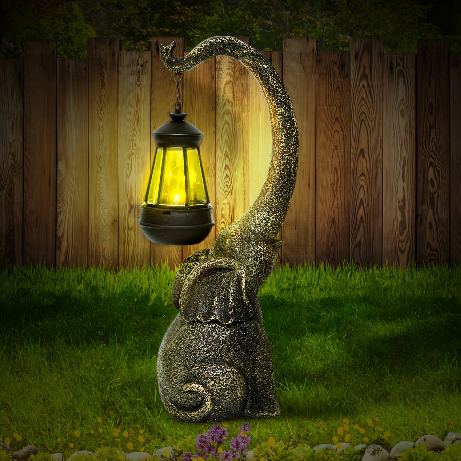 Solar-Powered Elephant Garden Lights Rustic Resin Outdoor Sculpture with Black Metal Lanterns
