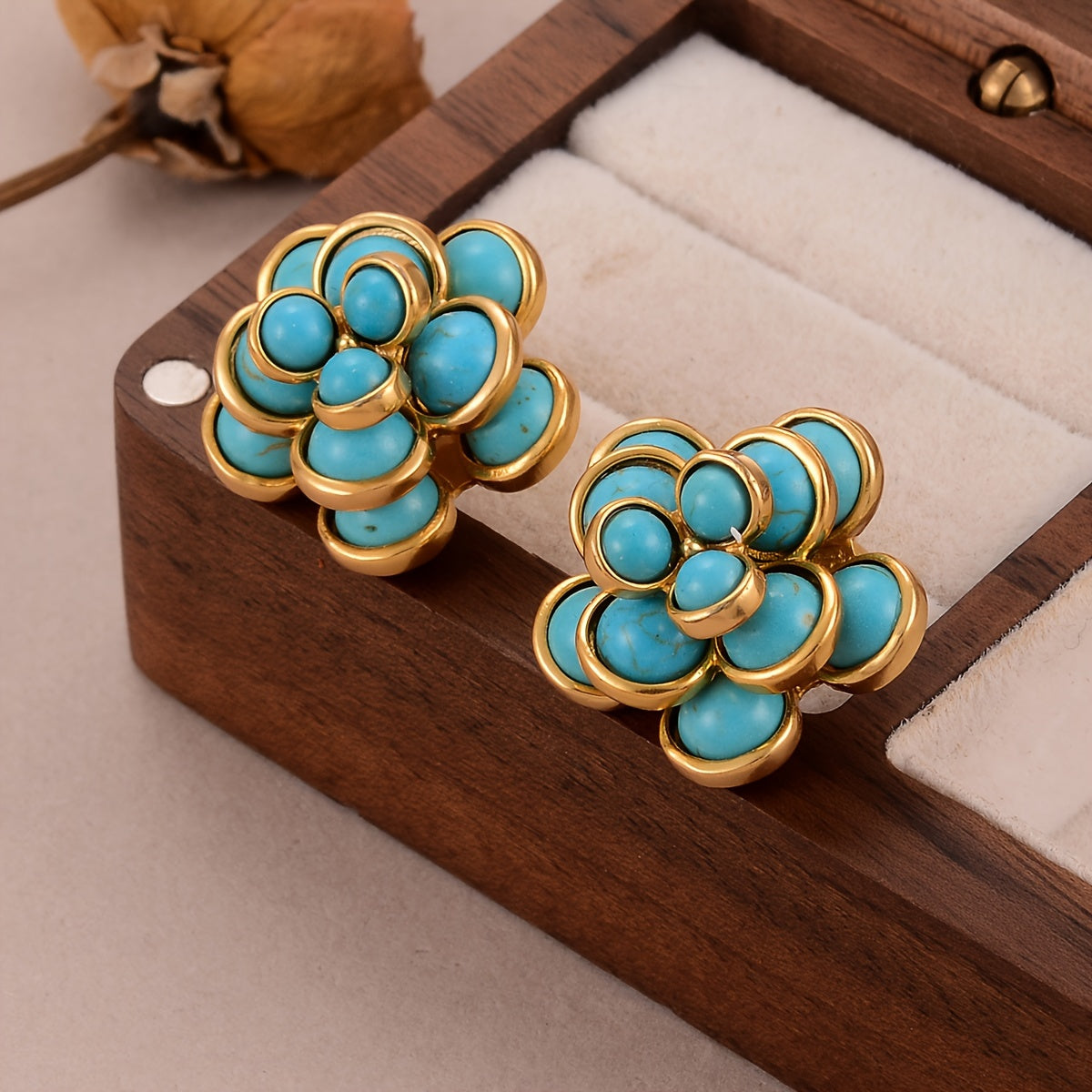 Women's Bohemian Floral Stud Earrings with Turquoise Mosaic and Silver Ear Needle