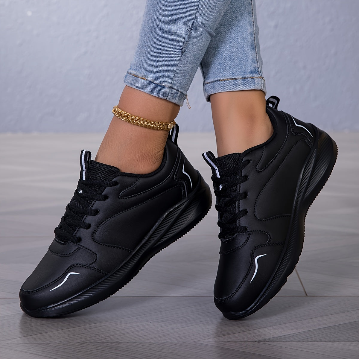 Women's Casual Low-Top Sneakers Soft Sole Korea Style Black Size 7