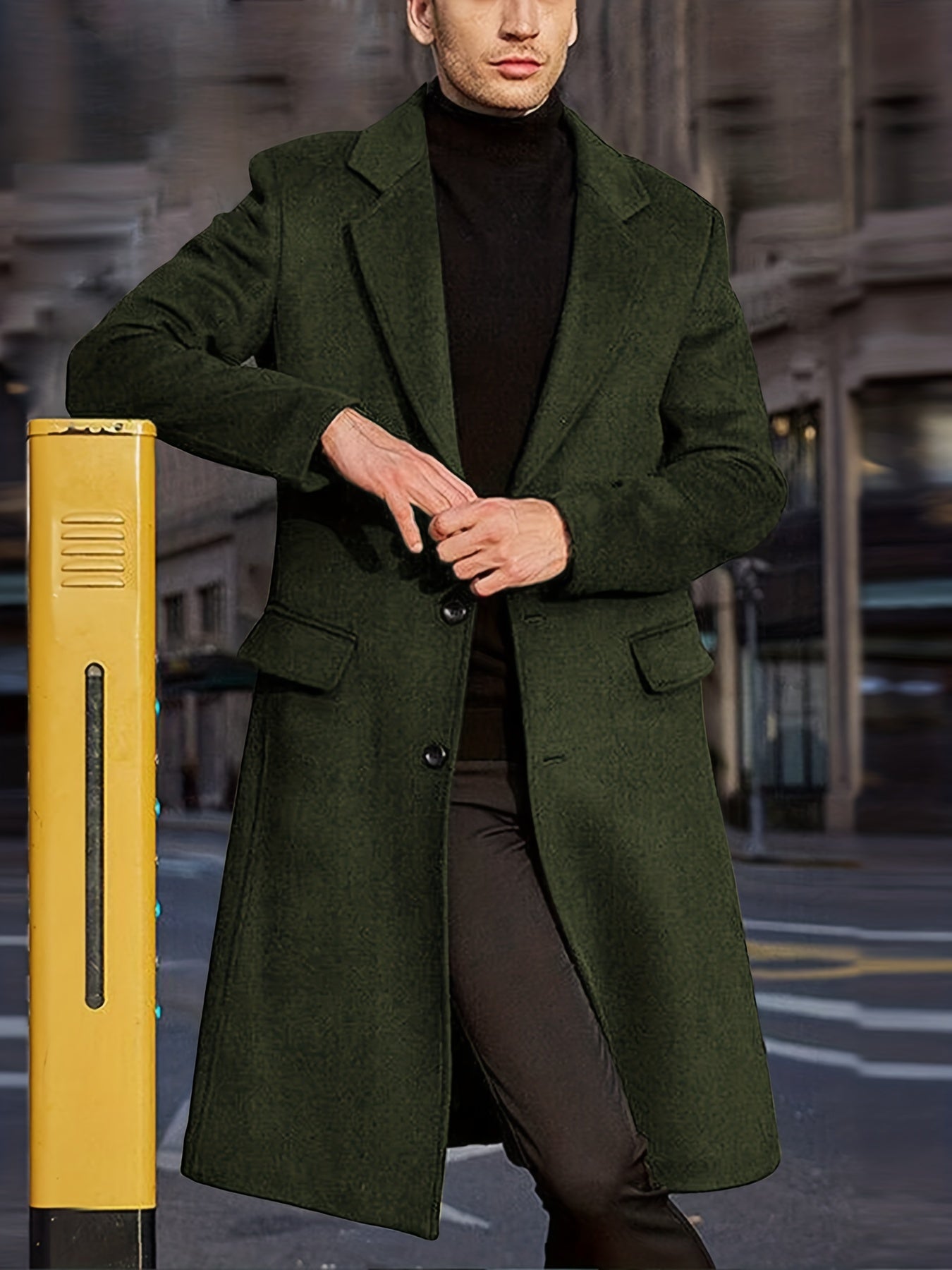 Men's Red Mid-Length Polyester Pea Coat with Single-Breasted Design Pockets and Button Closure for Fall Winter