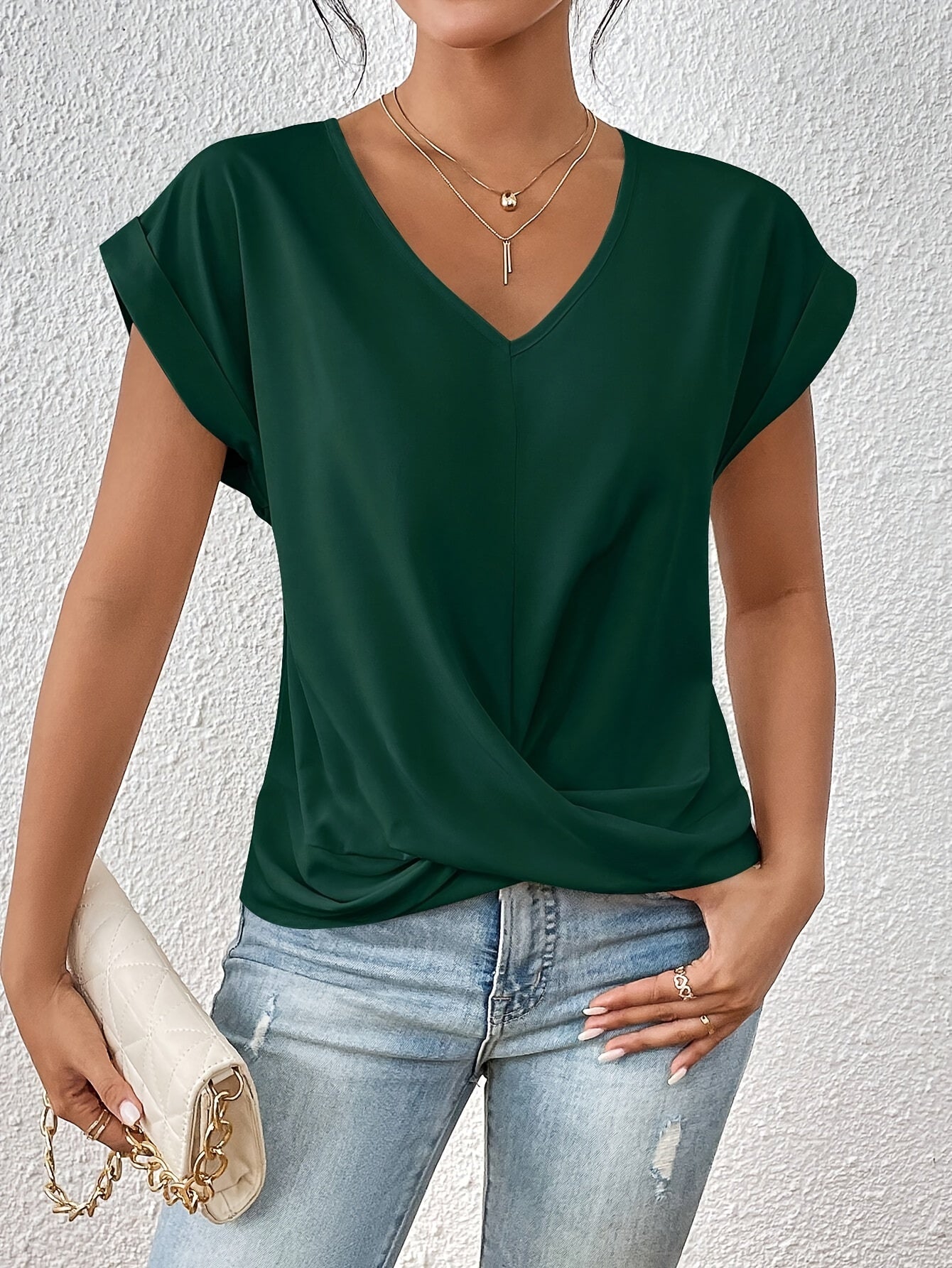 Camiseta de manga corta para mujer de poliéster de color sólido para verano casual con micro elasticidad
