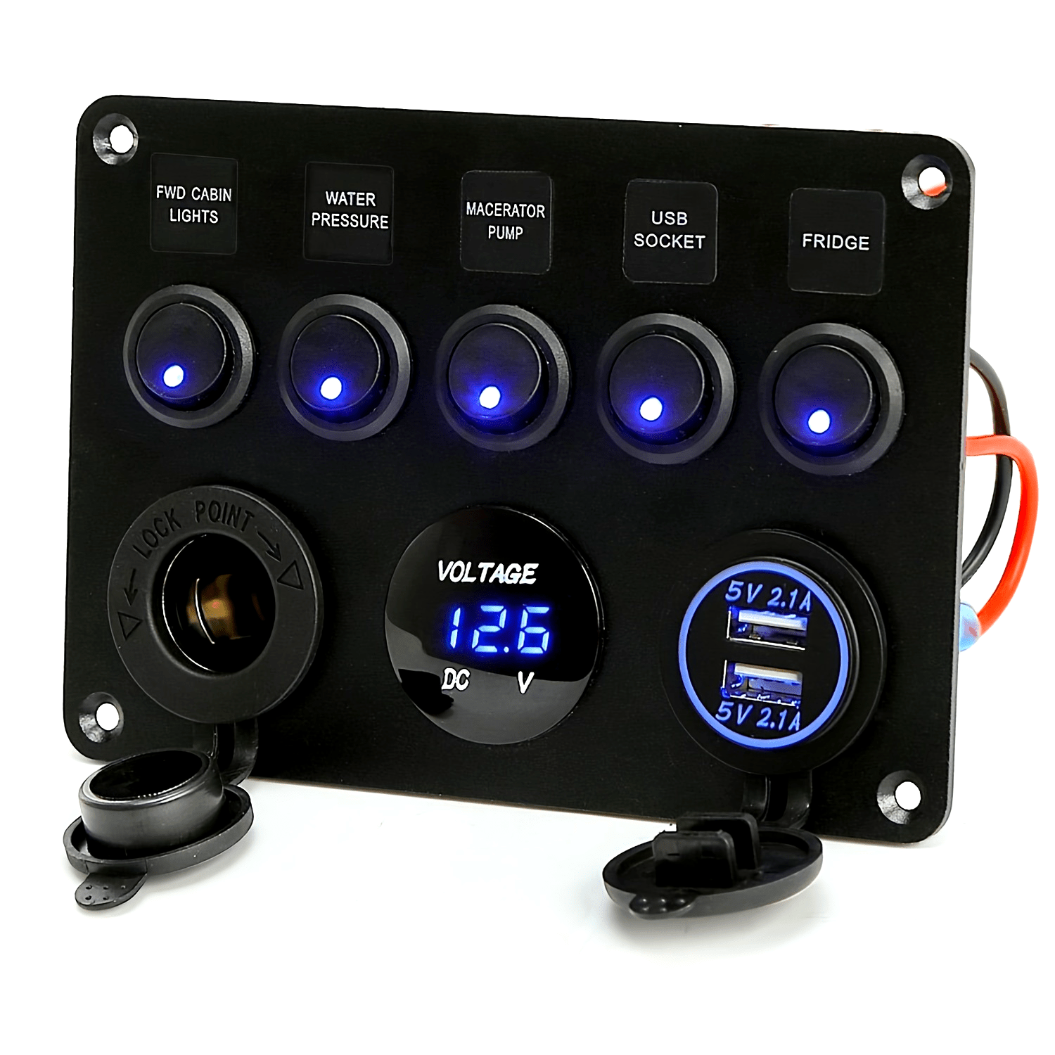 Multi-Function 5 Gang Rocker Switch Panel with USB Charger Volt and Fuse