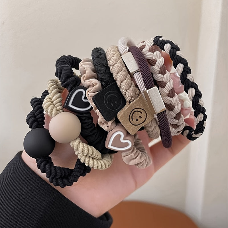 10 Fabric Hair Ties for Women with Charm Accents Set for Ponytails and Gift