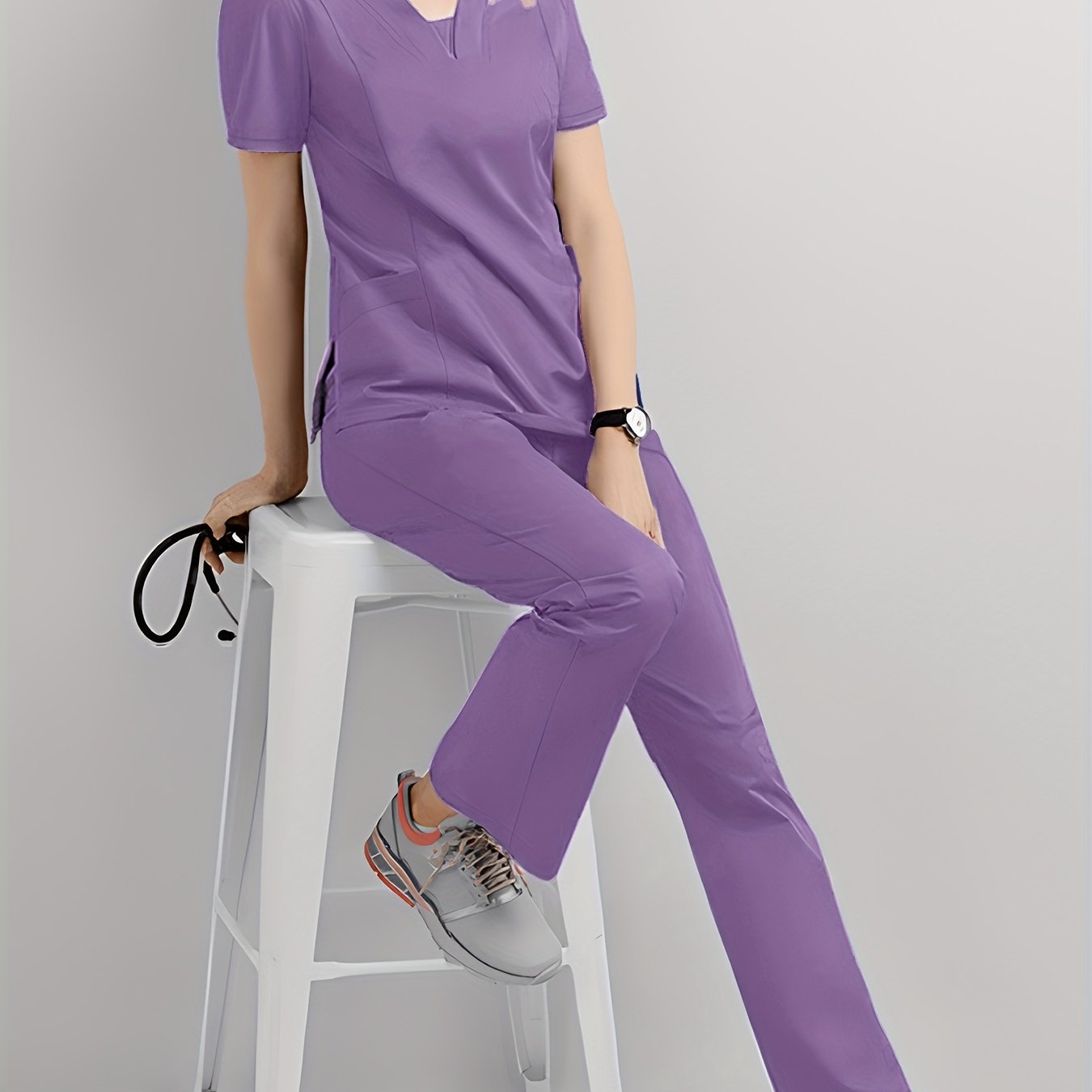 Women's Scrub Set V-Neck Top and Drawstring Pants Breathable Polyester Spandex Medical Uniform