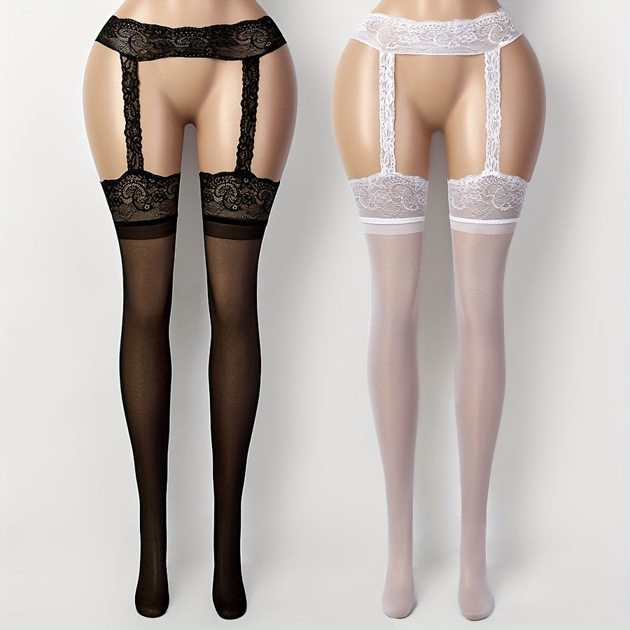 Women's Hollow Out Pantyhose Set Black White Breathable Suspender Socks