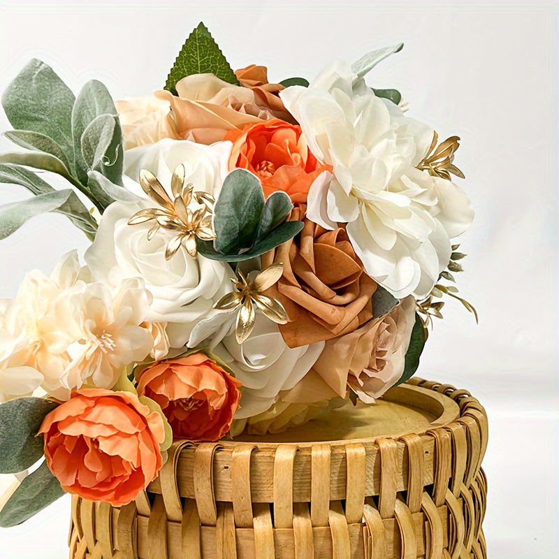 Artificial Flower Bridal Bouquet with Yarn Detail and Vintage Ribbon for Wedding