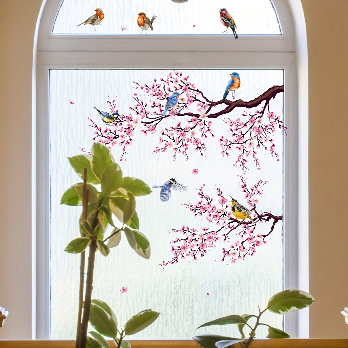 Dual-Sided Pink Floral Bird Glass Window Clings Reusable Decorative Stickers
