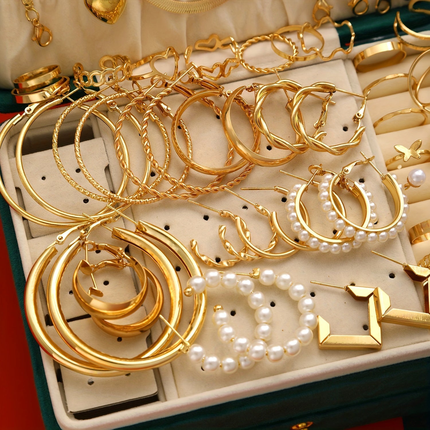 Juego de joyería navideña de 54 piezas para mujeres con perlas de imitación y accesorios de aleación de zinc