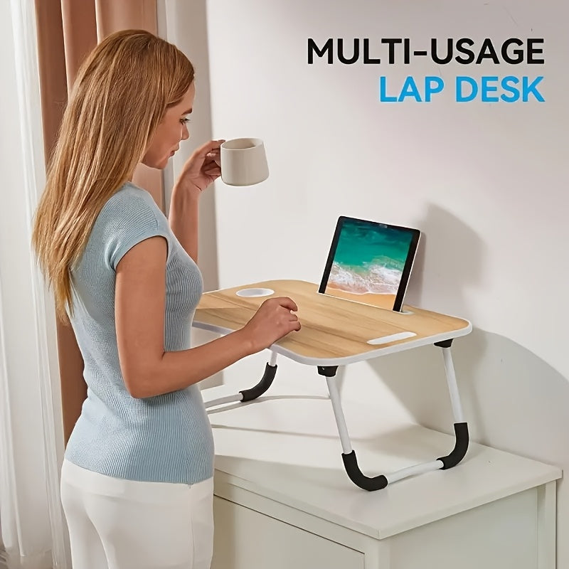 Katta portativ noutbuk yotoq stoli, stakan tutqichi va tortmasi bilan, yotgan holda yoki divanda ovqatlanish, o'qish va yozish uchun ideal.