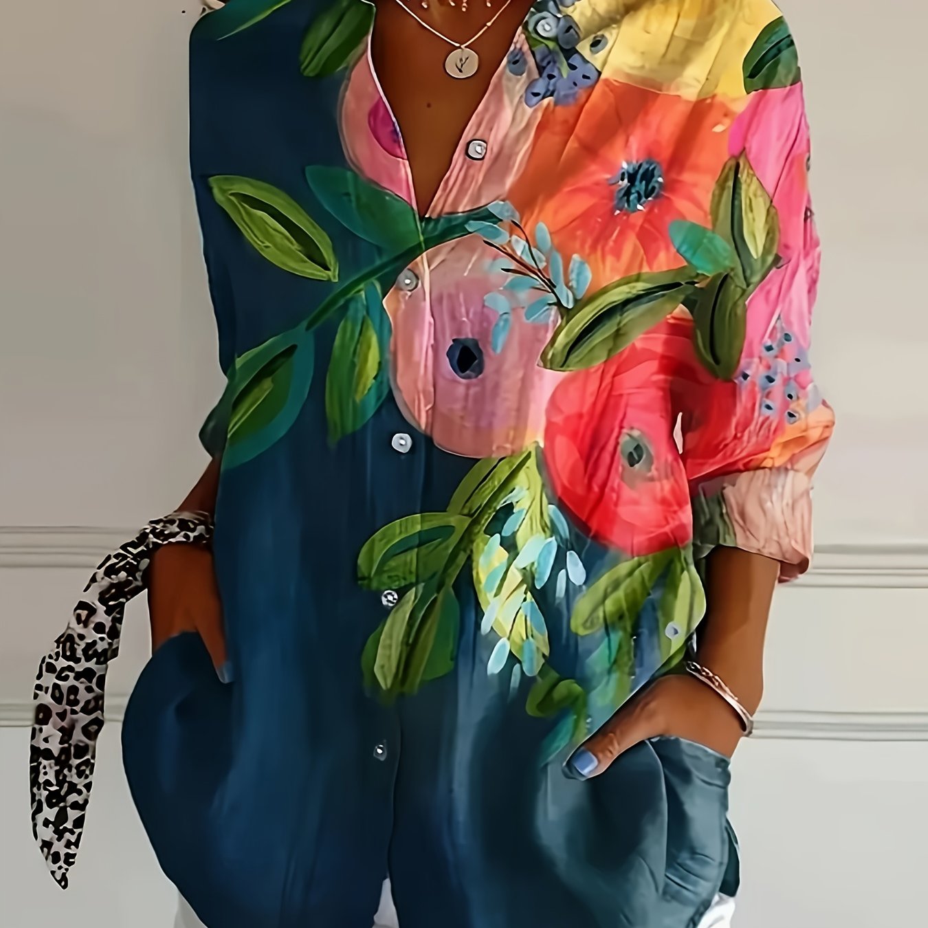 Plus Size Floral Print Casual Shirt for Women Polyester Short Sleeve Blouse