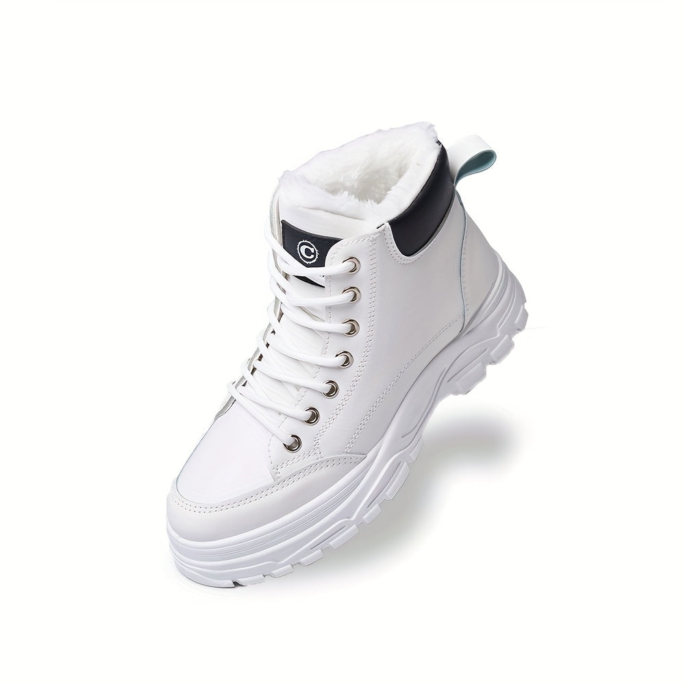 Women's Snow Boots Thick Sole High-Top Warm Leather Lace-Up White