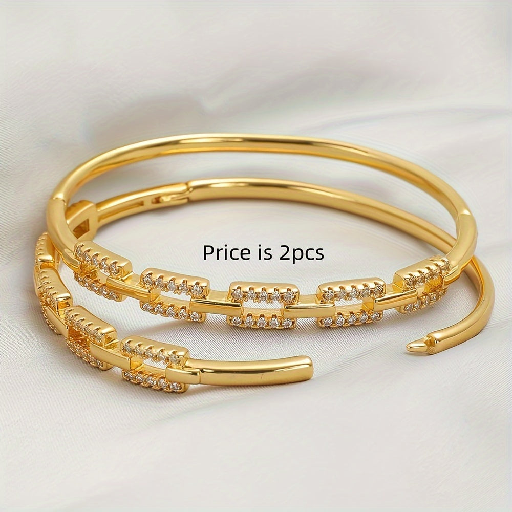 Set of 2 Zirconia Stone Bridal Cuff Bracelets 24K Gold Plated Copper for Weddings and Gifts