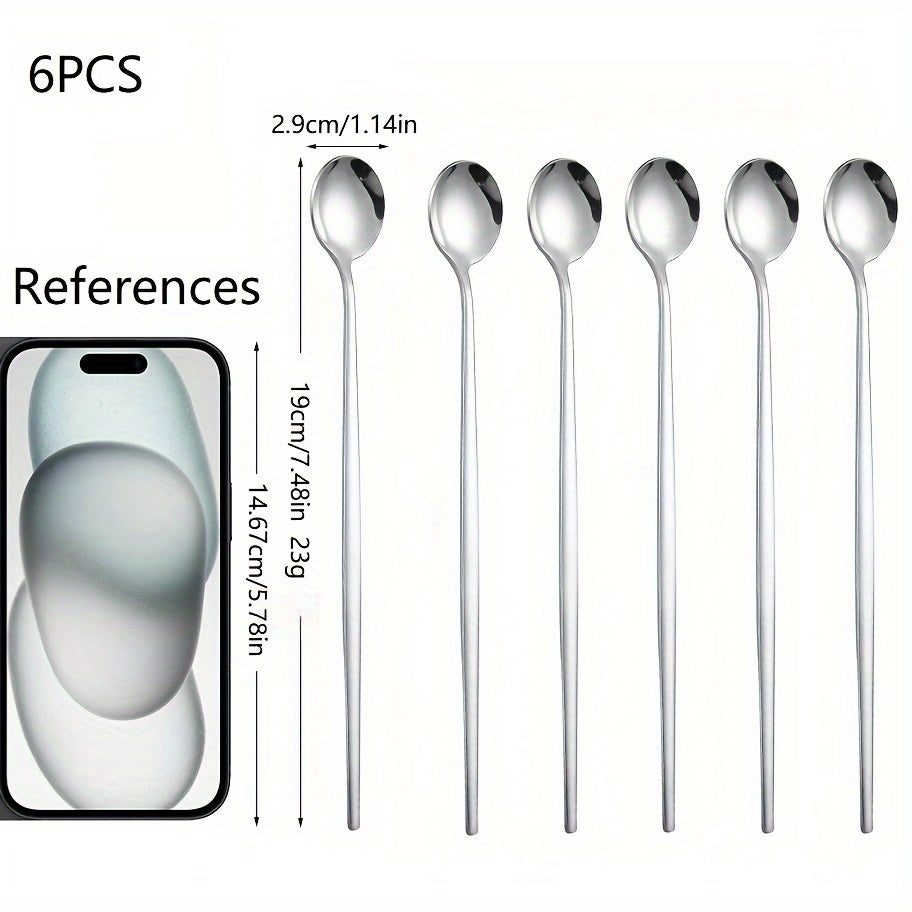 6-Piece Set of Golden Stainless Steel Ice Tea Spoons for Cocktails Coffee and Soda
